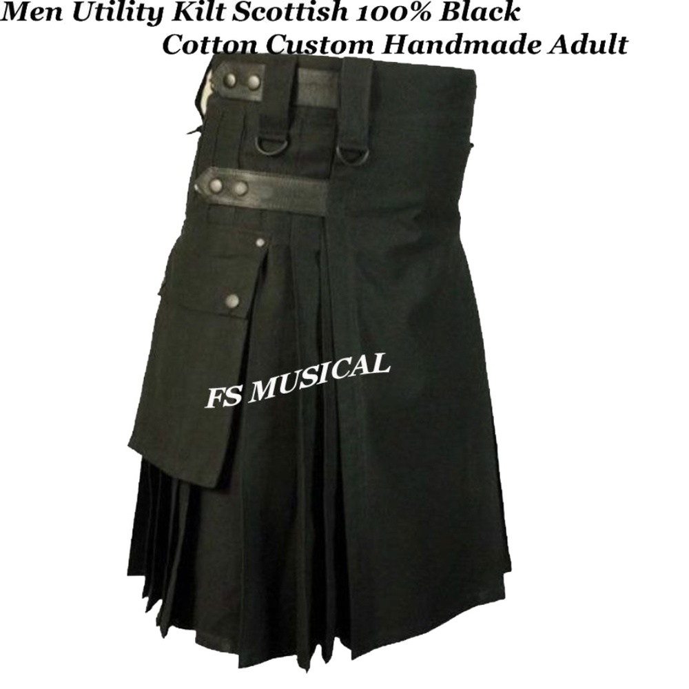 Utility Kilt 100% Black Cotton with Leather Straps